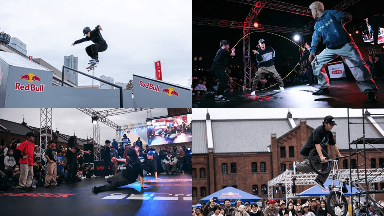 左上から右へ、スケートボート・ダブルダッチ・左下から右へ、ブレイキング・BMXフラットランド